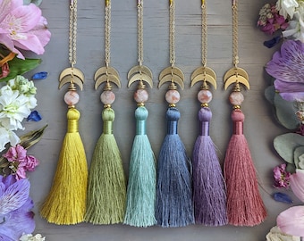 Sun and Moon Tassel Necklaces > Sonoran Spring Colorway - Yellow, Olive, Navy, Gray, or Red Silk Tassel w/ Sunstone Gem & Crescent Moon