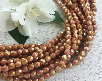 4mm Czech Fire Polished Beads >> Opaque Rose Gold Topaz Luster >> 1, 2 or 5 Strands (50, 100 or 250 pcs) - Designer Glass, Faceted, Round