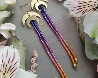 Crescent Moon Fringe Earrings in Gold > Sunset Colorway - Midnight Blue, Purple, Orchid, Pink, Peach, Orange Ombre Seed Beads - Boho Luxe