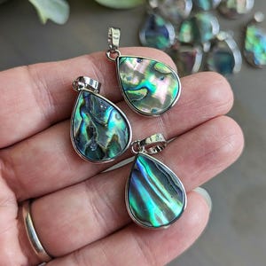 May include: Three iridescent abalone shell teardrop pendants with silver bail settings. The pendants have a green, blue, and purple iridescent sheen.