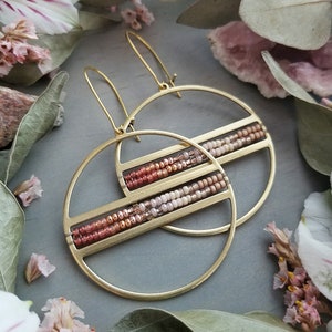 Beaded Disco Hoop Earrings in Gold > Dreamy Bohemian Colorway - Circle Drop Earrings w/ Red, Pink, Champagne Boho Ombre