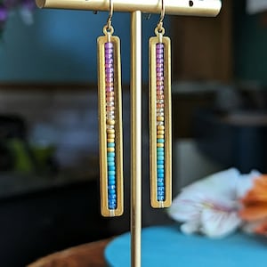 Beaded Stick Earrings in Gold Summer Dawn Colorway Bright Lilac, Pink, Orange, Gold, Turquoise, Blue Ombre image 3