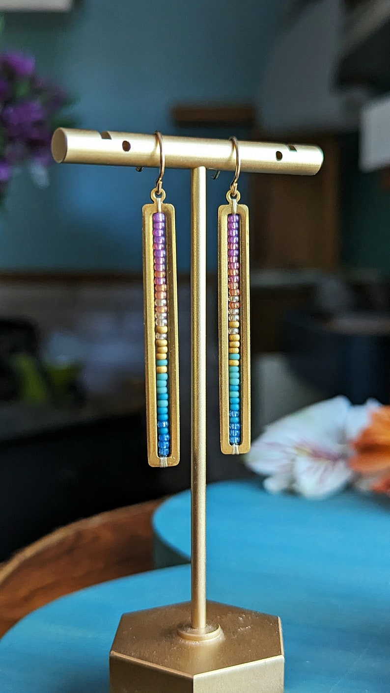 Beaded Stick Earrings in Gold Summer Dawn Colorway Bright Lilac, Pink, Orange, Gold, Turquoise, Blue Ombre image 3