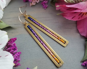 Beaded Stick Earrings in Gold >> Midnight Blue, Purple, Pink, Salmon, Pumpkin Orange Ombre > Boho, Geometric - Sunset Colorway