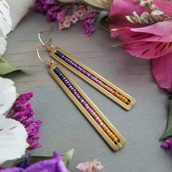 Beaded Stick Earrings in Gold >> Midnight Blue, Purple, Pink, Salmon, Pumpkin Orange Ombre > Boho, Geometric - Sunset Colorway