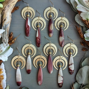 Mookaite Moon Drop Earrings &gt;&gt; Pick Your Fave! - Earthy, Jasper Gemstone Teardrops w/ Brass Double Horn Crescents