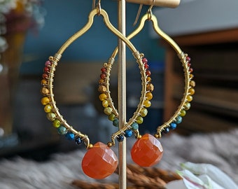 Carnelian Petal Hoop Earrings in Gold - Big, Gold Hoops with Rainbow Ombre & Carnelian Drops