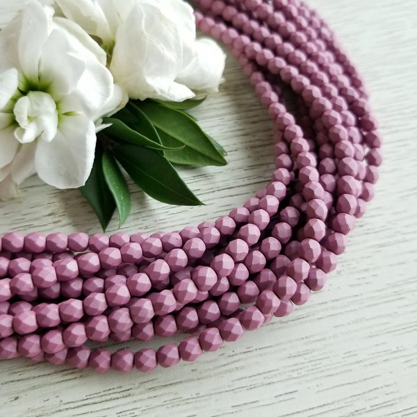 4mm Czech Fire Polished Beads >> Matte Saturated Lavender > 1, 2 or 5 Strands (50, 100 or 250 pcs) Designer Glass, Faceted, Round, Metallic