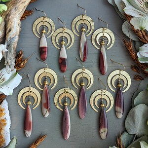 Mookaite Moon Drop Earrings &gt;&gt; Pick Your Fave! - Earthy, Jasper Gemstone Teardrops w/ Brass Double Horn Crescents