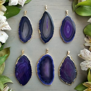 Purple Agate Slice Pendants with Gold Edging &gt;&gt; Electroplated, Dark Purple Agate Slices with Bail - Pick Your Fave!