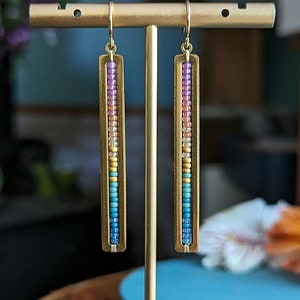 Beaded Stick Earrings in Gold Summer Dawn Colorway Bright Lilac, Pink, Orange, Gold, Turquoise, Blue Ombre image 8