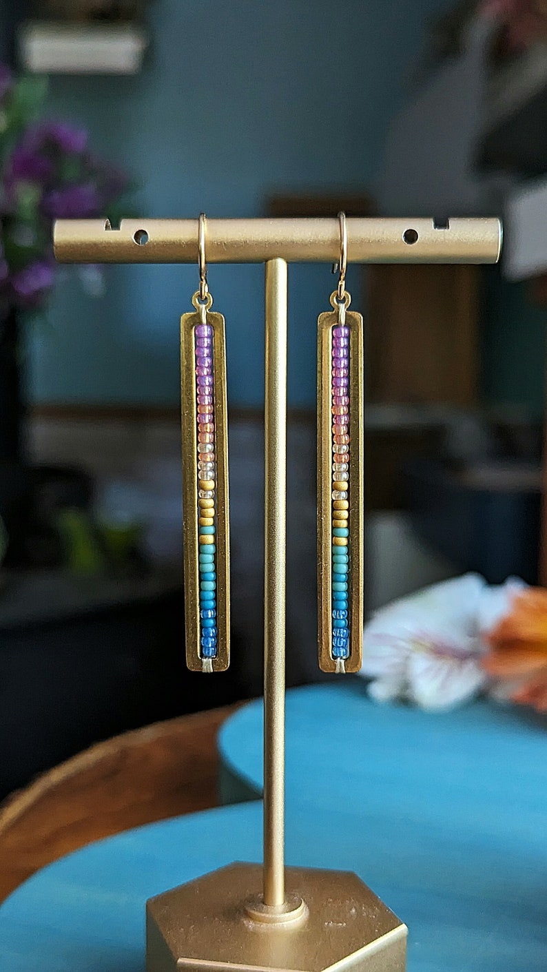 Beaded Stick Earrings in Gold Summer Dawn Colorway Bright Lilac, Pink, Orange, Gold, Turquoise, Blue Ombre image 8