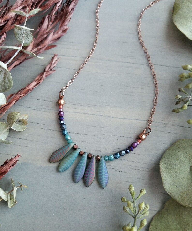 Layering Necklace Dagger Necklace in Antique Copper Purple to Teal Ombre w Blue Dagger Beads Beaded Colorful Modern Boho Delicate