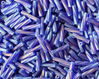2.7mm x 12mm Twisted Miyuki Bugle Beads - Matte Transparent Cobalt AB - 10 grams