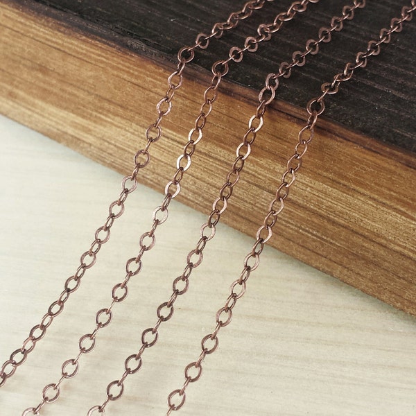 Antique Copper 2x1mm Flat Cable Chain - Bulk Chain, 5 feet, 10 feet, 25 feet, or 50 feet - Dark Copper Finish - Soldered Links - Nickel Free