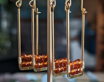Hessonite Garnet Rectangle Earrings in Gold >> Long, Elegant Rectangles with Cognac Colored Gems