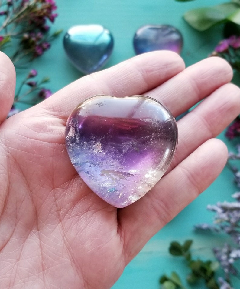 Titanium Quartz Heart 1 piece Gemstone Palm Stones, Crystal Healing Puffed Heart, Rainbow, Purple and Blue, Crystal image 6