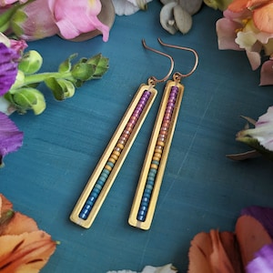 Beaded Stick Earrings in Gold Summer Dawn Colorway Bright Lilac, Pink, Orange, Gold, Turquoise, Blue Ombre image 6