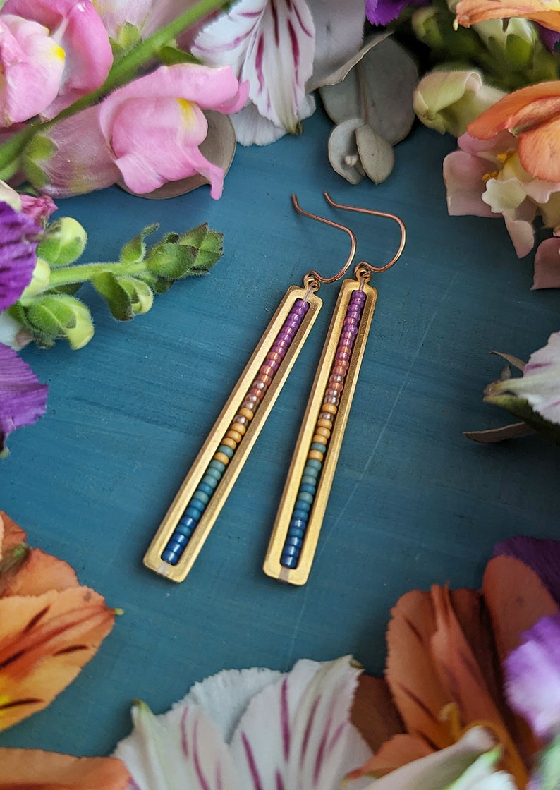 Beaded Stick Earrings in Gold Summer Dawn Colorway Bright Lilac, Pink, Orange, Gold, Turquoise, Blue Ombre image 6