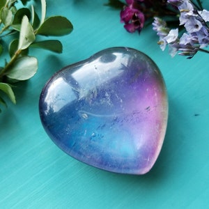 Titanium Quartz Heart 1 piece Gemstone Palm Stones, Crystal Healing Puffed Heart, Rainbow, Purple and Blue, Crystal image 9