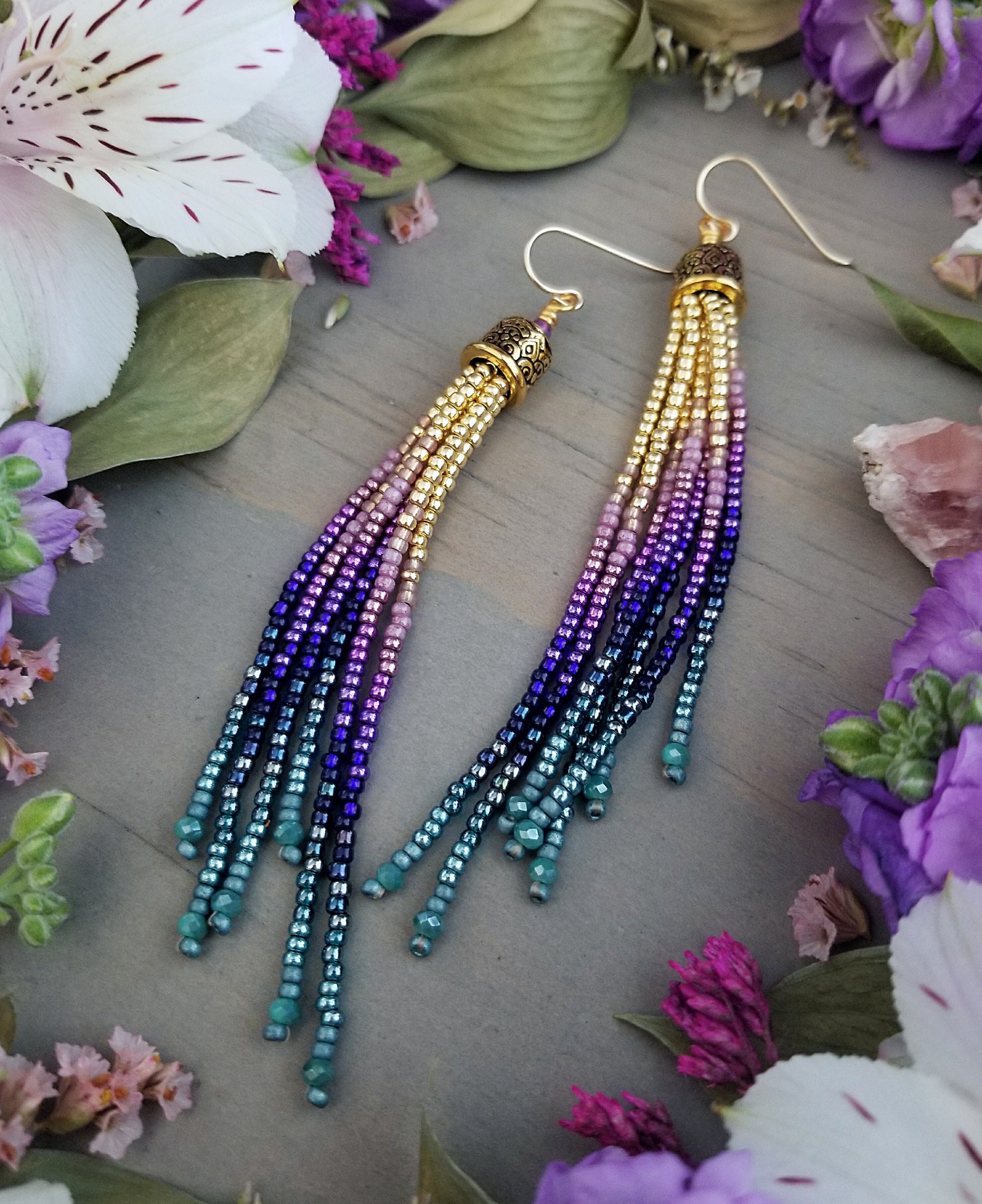 Short Seed Bead Fringe Earrings in Gold Hyacinth Colorway Etsy