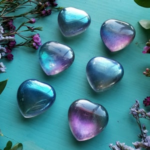 Titanium Quartz Heart 1 piece Gemstone Palm Stones, Crystal Healing Puffed Heart, Rainbow, Purple and Blue, Crystal image 2