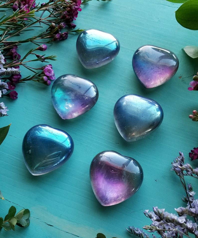 Titanium Quartz Heart 1 piece Gemstone Palm Stones, Crystal Healing Puffed Heart, Rainbow, Purple and Blue, Crystal image 2