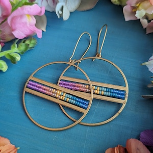 Beaded Disco Hoop Earrings in Gold Summer Dawn Colorway Circle Drop Earrings w/ Lilac, Pink, Orange, Gold, Turquoise, Blue Ombre image 6