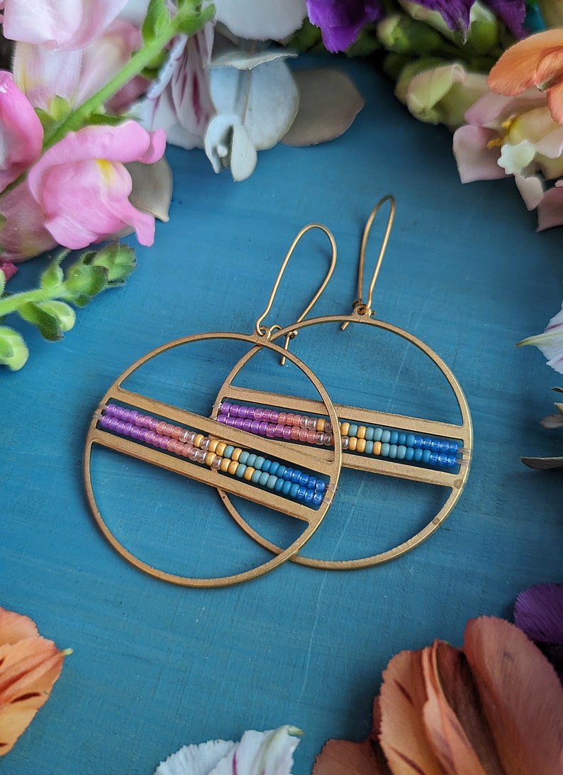 Beaded Disco Hoop Earrings in Gold Summer Dawn Colorway Circle Drop Earrings w/ Lilac, Pink, Orange, Gold, Turquoise, Blue Ombre image 6