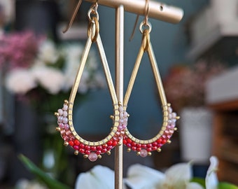 Beaded Teardrop Earrings in Gold > Valentine's Colorway - Pink and Red Woven Teardrops with Strawberry Quartz Accent