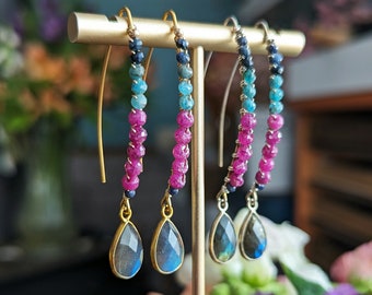 Labradorite Gemstone Dangle Earrings in Gold or Silver >> Flashy Labradorite Drops set in Sterling or Vermeil w/ Ruby, Apatite, and Sapphire