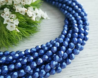 4mm Czech Fire Polished Beads >> Saturated Metallic Lapis Blue >> 1, 2 or 5 Strands (50, 100 or 250 pcs) Glass, Faceted, Round, Royal Blue