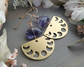 Fluorite Half Circle Moonphase Earrings >> Purple, Clear, and Aqua Gems with Brass Moon Phase Charms >> Boho, Luxe