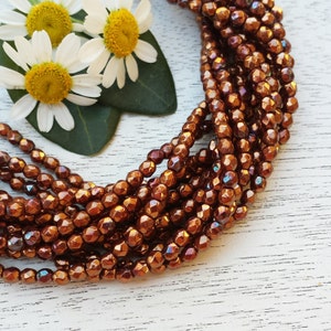 3mm Czech Fire Polished Beads &gt;&gt; Opaque Red - Metallic Bronze Luster Iris &gt; 2 or 5 Strands (100 or 250 pcs) - Designer Glass, Faceted, Round