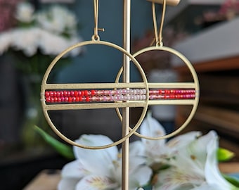 Beaded Disco Hoop Earrings in Gold > Valentine's Colorway - Pale Pink to Crimson Red Ombre