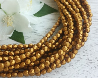 3mm Czech Fire Polished Beads >> Matte Metallic Antique Gold >> 2 or 5 Strands (100 or 250 pcs) - Designer Glass, Faceted, Round