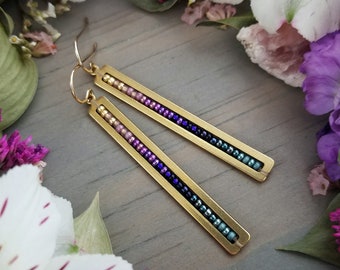 Beaded Stick Earrings in Gold >> Gold, Champagne, Lilac, Orchid, Purple, Blue, Teal, Turquoise Ombre > Boho, Geometric - Hyacinth Colorway