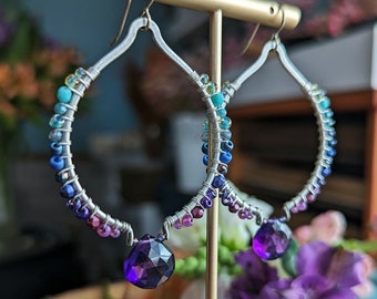 Amethyst Petal Hoop Earrings in Silver > Big Silver Hoops w/ Turquoise, Blue, Purple Ombre & Purple Gems - Wild Violet, Boho Luxe