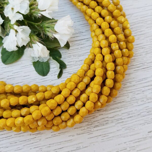 4mm Czech Fire Polished Beads >> Opaque Goldenrod >> 1, 2, or 5 Strands (50, 100 or 250 pcs) - Designer Glass, Faceted, Round, Mustard