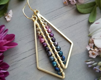 Beaded Triangle Earrings in Satin Gold &gt;&gt; Pink, Purple, Teal, Blue Ombre &gt;&gt; Boho Style, Geometric, Minimalist