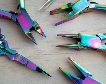 Chroma Pliers & Tool Set > Beadsmith 6 piece Chroma Tools Set - Rainbow Needle Nose, Flat Nose, Round Nose, Flush Cutter, Scissors, Tweezers