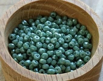 2x3mm Micro Faceted Spacers >> Chalk Dark Green Luster - 100 pcs - TRU2 Czech Fire Polish Bead - Designer Glass, Rondelles