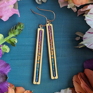 Beaded Stick Earrings in Gold Summer Dawn Colorway Bright Lilac, Pink, Orange, Gold, Turquoise, Blue Ombre image 4