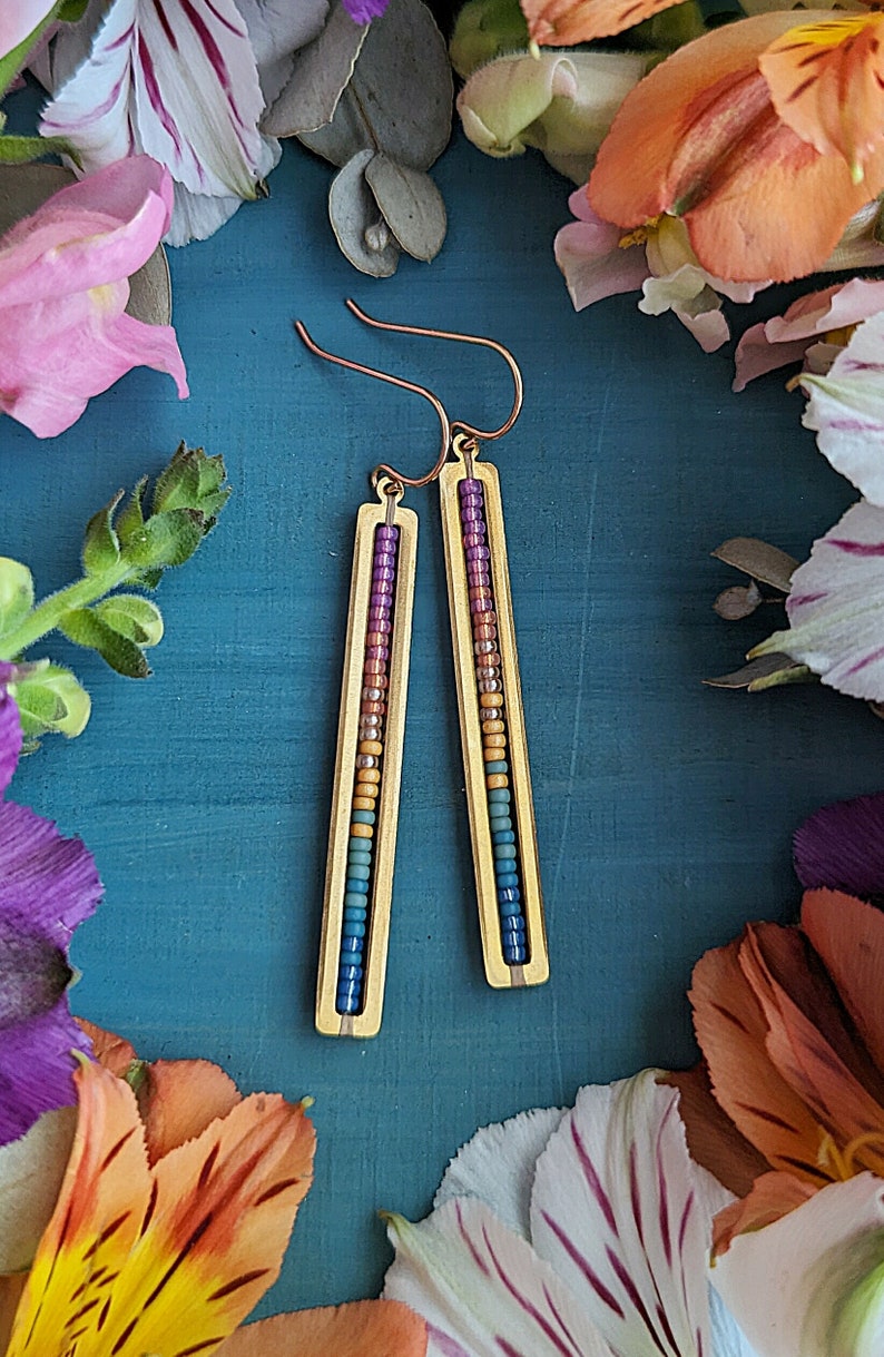 Beaded Stick Earrings in Gold Summer Dawn Colorway Bright Lilac, Pink, Orange, Gold, Turquoise, Blue Ombre image 4