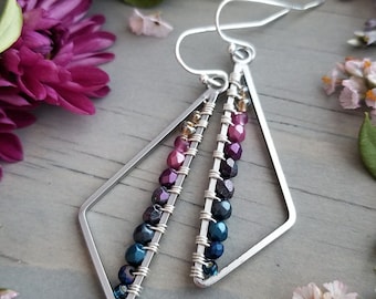 Beaded Triangle Earrings in Satin Silver &gt;&gt; Pink, Purple, Teal, Blue Ombre &gt;&gt; Boho Style, Geometric, Minimalist