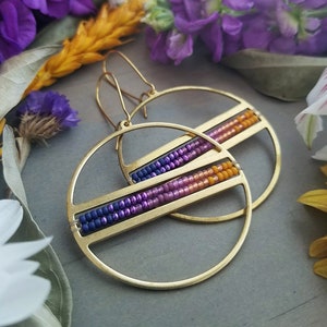 Beaded Disco Hoop Earrings in Gold > Sunset Colorway - Circle Drop Earrings w/ Vibrant Blue, Purple, Pink, Salmon, Orange Ombre