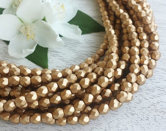 4mm Czech Fire Polished Beads >> Matte Metallic Flax, Light Gold >> 1, 2 or 5 Strands (50, 100 or 250 pcs) - Designer Glass, Faceted, Round