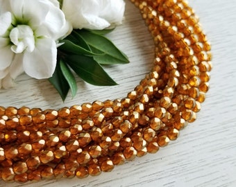 4mm Czech Fire Polished Beads >> Halo Sandalwood - Orange >> 1, 2 or 5 Strands (50, 100 or 250 pcs) Designer Glass, Faceted, Round