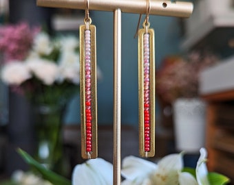 Beaded Stick Earrings in Gold > Valentine's Colorway - Soft Pink to Bright Red Ombre