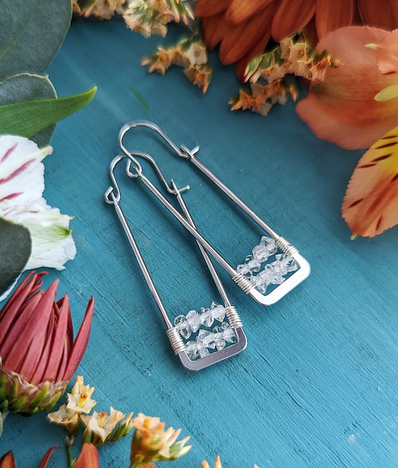 Herkimer Diamond Rectangle Earrings in Silver 18kt White Gold Plated Long Elegant Rectangles With Double Terminated Gems Etsy